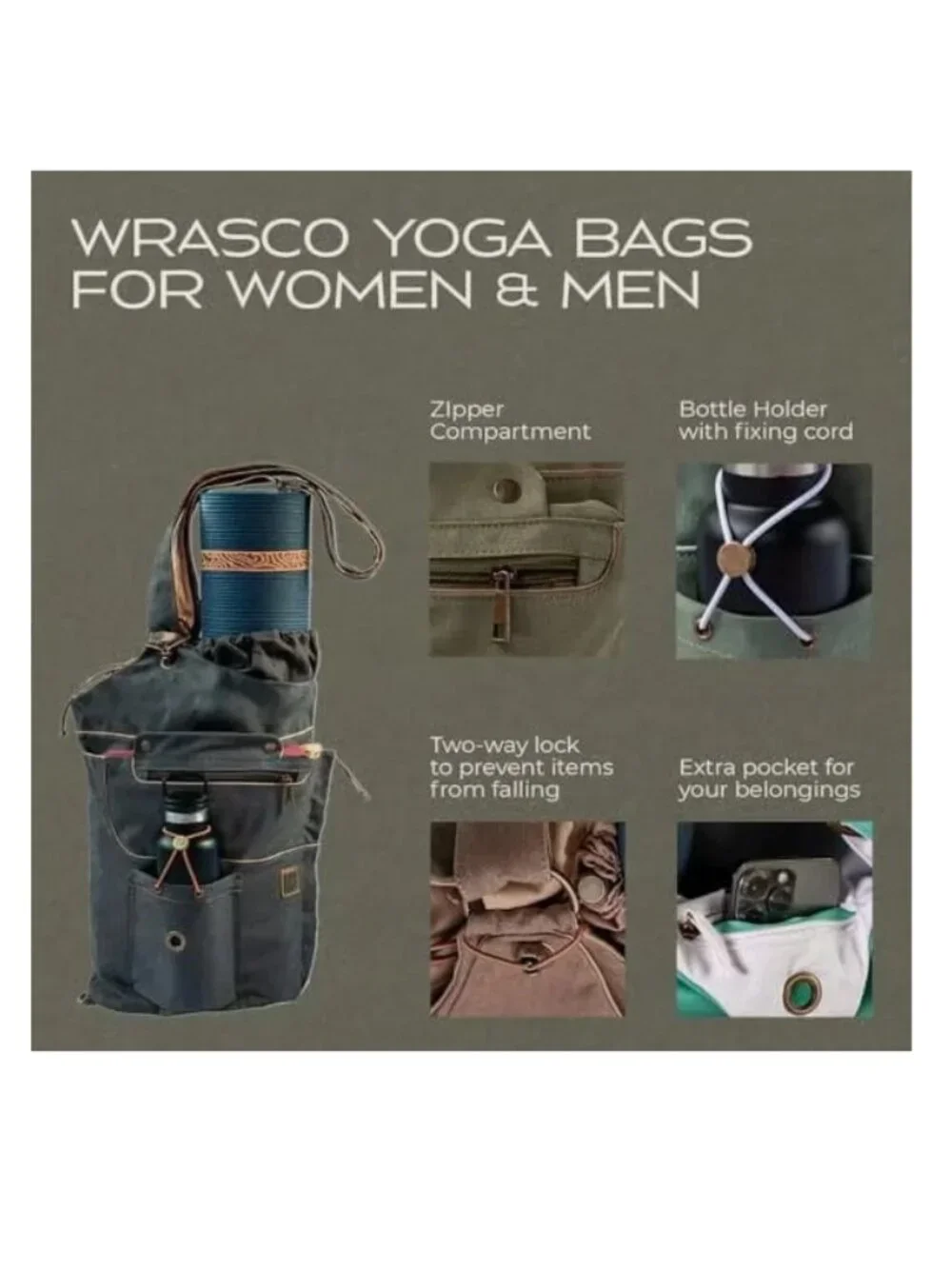 WRASCO Yoga Mat Bag Large Canvas Yoga Backpack Yoga Mat for Women & Men Brown - Picture 4 of 5